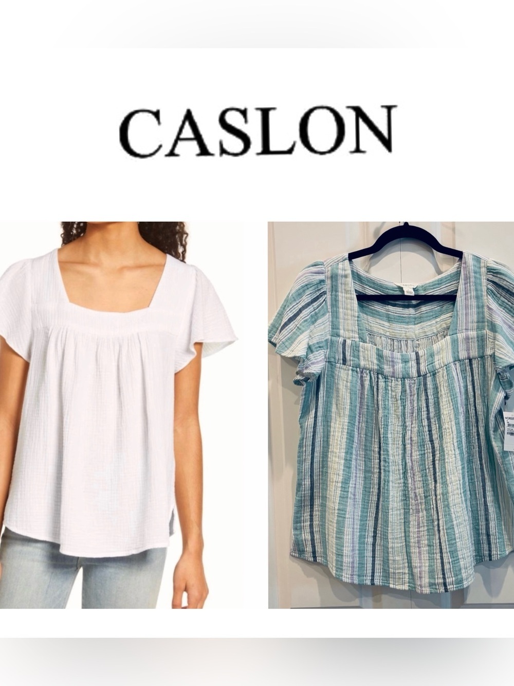 NEW CASLON Square Neck Cotton Striped Short Sleeve Top